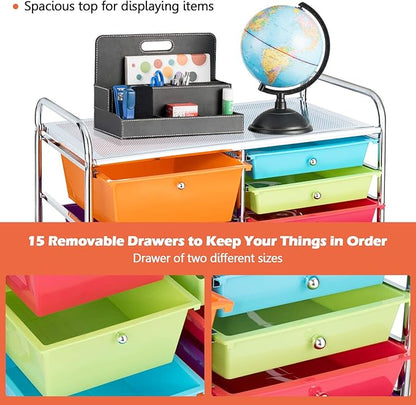 KOTEK 15-Drawer Rolling Storage Cart, Multipurpose Mobile Utility Cart with 4 Wheels, Home Office School Tools Scrapbook Paper Organizer (Multicolor-Combo2)