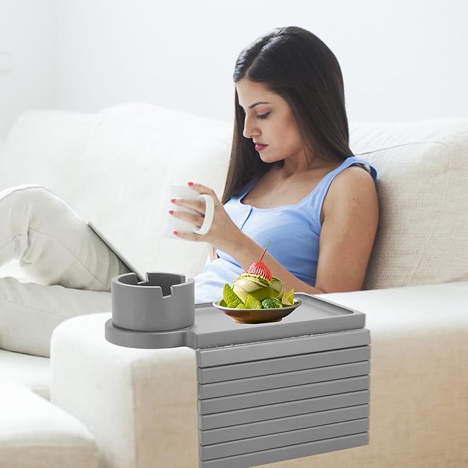 Couch Cup Holder Tray, Large Couch Arm Table with 360° Ratated Phone Holder, 3 in 1 Bamboo Sofa Armrest Tray with Anti-Slip Couch Organizer for Remote,Cellphone,Snacks