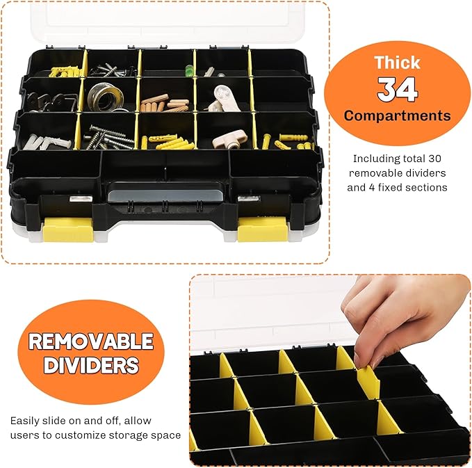 Small Parts Organizer | Storage Case Tools Box 34-Compartments Double Side Organizer Box with Removable Dividers for Small Hardware, Screws, Bolts, Nuts, Nails, Beads (Yellow)