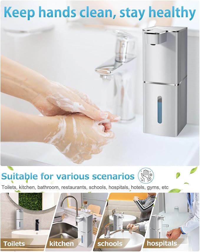 JEMISUN Automatic Liquid Soap Dispenser Touchless Soap Dispenser 380ml/12.8oz Rechargeable, Wall Mounted,4 Levels Adjustable Auto Soap Pump for Bathroom Kitchen Dish Soap
