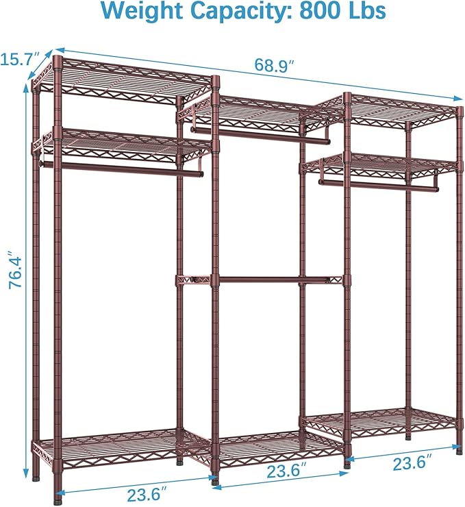 VIPEK V5i Garment Rack Heavy Duty Clothes Rack, Portable Closet Wardrobe Bedroom Armoires Freestanding Clothing Rack with 8 Adjustable Shelves & 4 Hang Rods, 68.9" L x 15.7" W x 76.4" H, Bronze