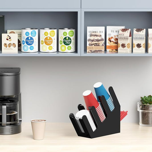 WINFFOR 3-Compartment Disposable Cup Holder - Cup and Lid Holder with Straw Organizer Black Acrylic Cup Dispenser with Coffee Pod Storage for Coffee Station Bar Countertop Restaurant Breakroom