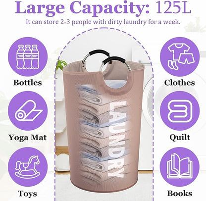 125L Extra Large Laundry Basket with Handles, Folding Dirty Clothes Hamper, Independent Laundry Hamper in 600D Oxford Fabric, Rugged Storage Basket for Family, Dorm, Khaki