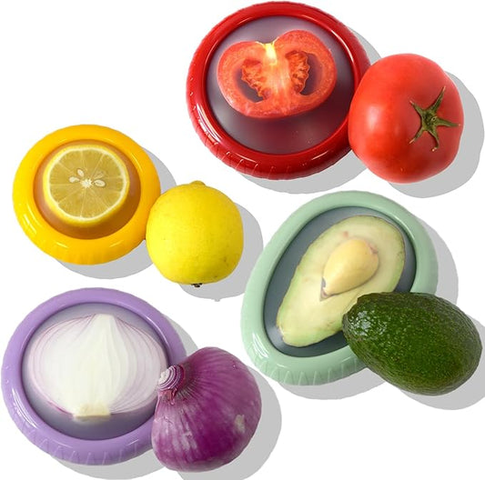 4 Pcs Reusable Avocado Onion Lemon Tomatoes Saver Keeper, Silicone Fruit and Vegetable Anti-Oxidation Storage Box Refrigerator, Fruit Veggie Holder Containers for Fridge (Cyan, Purple, Red And Yellow)