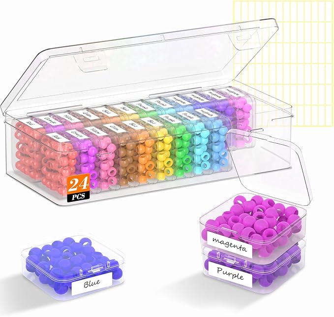 Bead Organizer Box, 24 PCS Clear Plastic Storage Containers Features Hinged Lid and Labels, Craft Storage Box for Jewelry, Diamonds, Clay Beads, Bracelets, Screws, Seeds, Small Parts