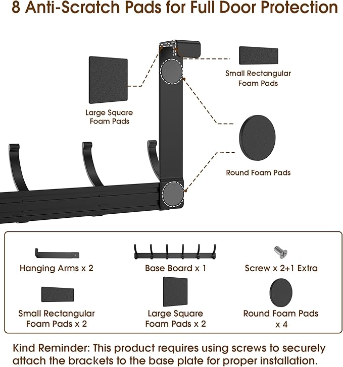 CHAUNCEY HOME Over The Door Hooks Hanger with 7" Arms, Door Hooks for Hanging, Fit 1 3/4" Door, Tool-Free Assembly, F7U, Towel Racks Organizer Holder for Bathroom - Black