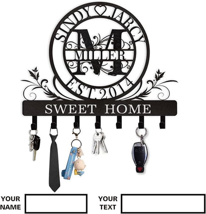 Personalized Key Holder for Wall, Custom Family Name Metal Wall Key Hanger, Key Hooks with Monogram Design, Key Rack Holder Wall Mount for Living Room Bedroom, Anniversary Couple Gift