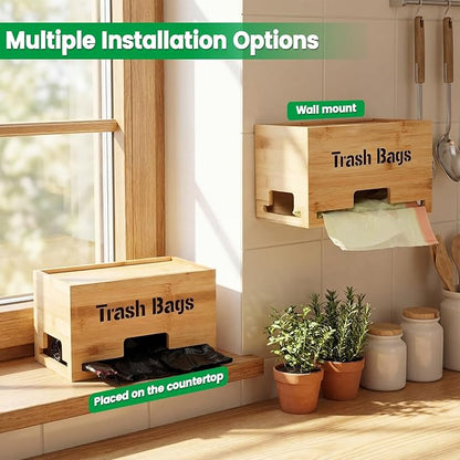 Kathfly 2 Pcs Bamboo Trash Bag Holder Dispenser Stackable Garbage Bag Dispenser, Large and Small Size Trash Organizer for Kitchen Laundry Under Sink, Wall Mounted or Freestanding