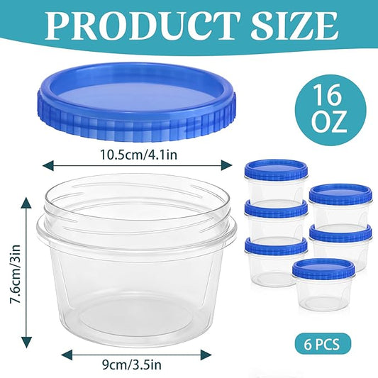 ISUSSER 6 Pack Freezer Containers with Screw On Lids, 16 Oz Stackable Reusable Plastic Storage Container, Airtight Plastic Food Storage Containers with Twist Top Lids for Food Soup Jello Sauce