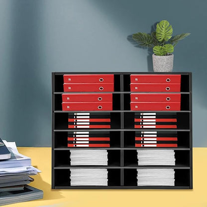 Literature Organizer Sorter for Desk, 12 Slots Adjustable File Sorter Mail Organizer, Paper Sorter Organizer, Open Design Paper Storage Mailbox for Office School Classroom, Black