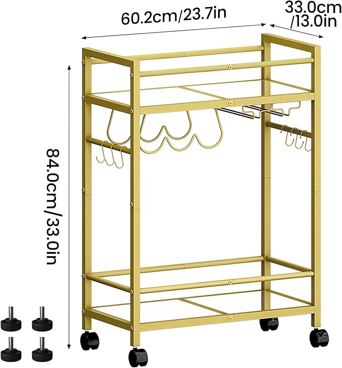 Home Bar Serving Cart, Bar Cart with 2 Mirrored Shelves, MicrowaveCart, Rolling Beverage Cart, Mobile KitchenCart with Wine Rack, Drink Cart for Dinning Room, Living Room, Kitchen, Gold