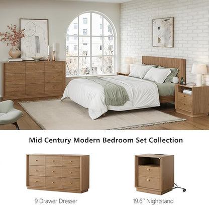 FORTUNETEC Nightstand Set of 2 with Charging Station, Mid Century Modern Nightstand with Wood Grain Texture, Minimalist End Table with Drawers Storage, Bedside Table for Bedroom Living Room, Walnut