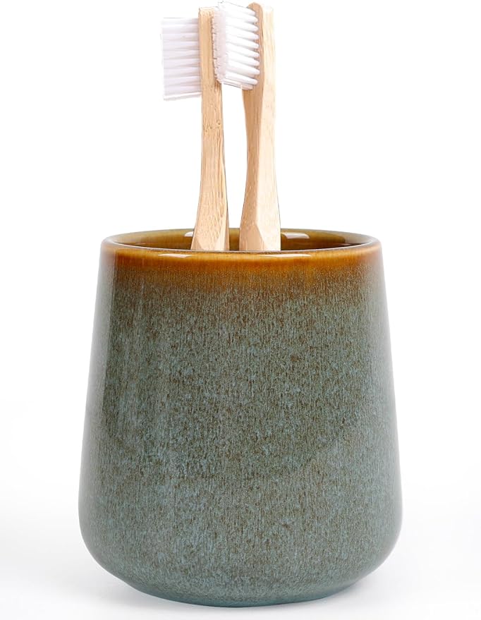 INGOFIN Ceramic Toothbrush Holder Cup, 12 oz Toothpaste Holder for Bathroom Vanity and Countertop, Organizer for Cosmetic, Makeup, Office Pencils, for Hotel Apartment, Kiln-Glazed