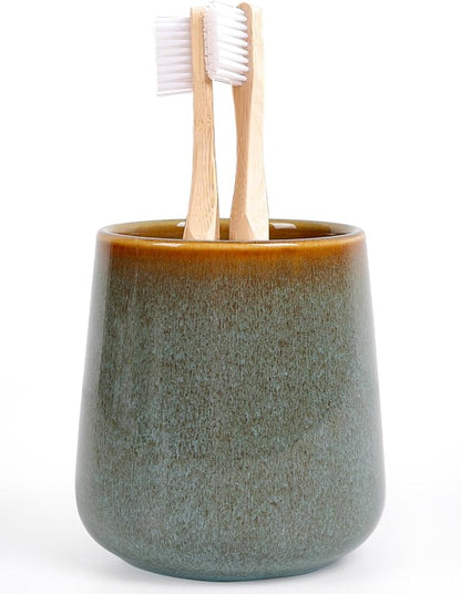 INGOFIN Ceramic Toothbrush Holder Cup, 12 oz Toothpaste Holder for Bathroom Vanity and Countertop, Organizer for Cosmetic, Makeup, Office Pencils, for Hotel Apartment, Kiln-Glazed
