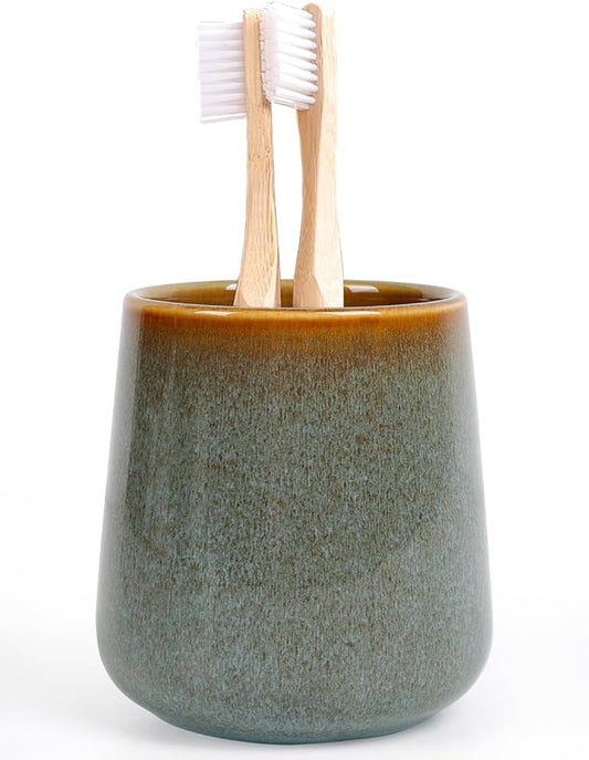 INGOFIN Ceramic Toothbrush Holder Cup, 12 oz Toothpaste Holder for Bathroom Vanity and Countertop, Organizer for Cosmetic, Makeup, Office Pencils, for Hotel Apartment, Kiln-Glazed