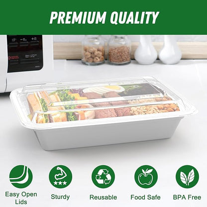 50 Pack (100-Piece) 32 oz Meal Prep Containers Reusable with Easy Open Lids, Sturdy Leakproof Food Safe, Microwave Freezer Dishwasher Safe, To Go Take Out Plastic Food Storage Pans with Lids, Silver