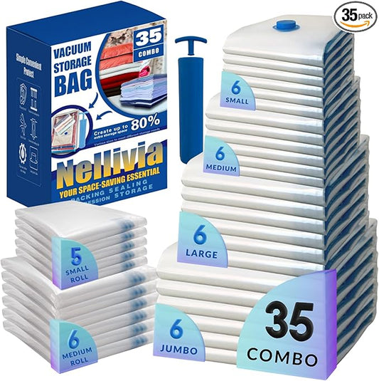 Nellivia 35 Pack Vacuum Storage Bags with Pump, Compression Space Saver for Comforters, Bedding, Blanket Storage, Vacuum Seal Bags for Clothing, Luggage and Closet Organizer, Safe Poly Material