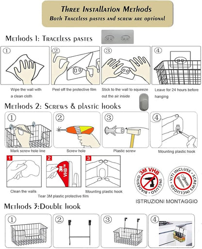Wire Storage Basket 2 Packs, Wall Mounted Kitchen Bathroom, Hanging Cabinet Door Storage Basket, no Drilling, Supporting 2 Types of Hooks, Strong Bearing, Suitable for Home, White