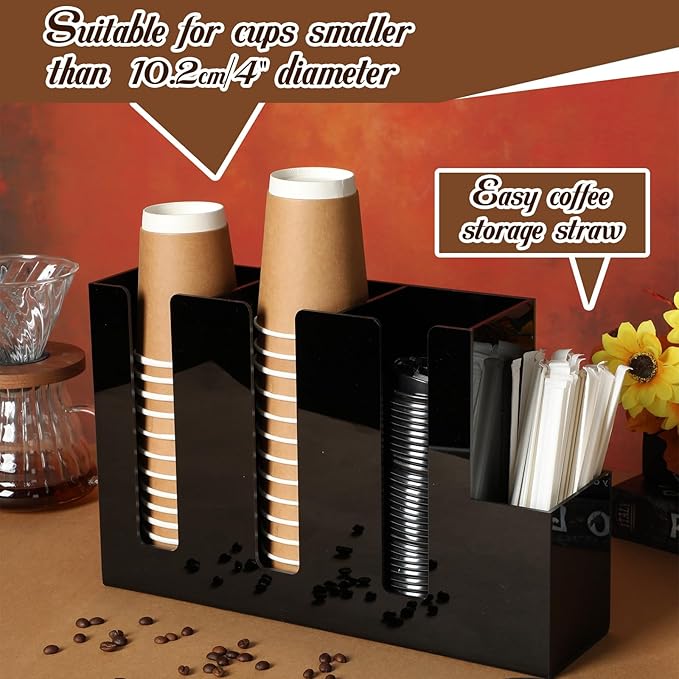 Cunhill 4 Compartments Acrylic Coffee Cup and Lid Storage Organizer Holder Disposable Paper Cup Dispenser Organizer Plastic Lid Holder Accessories for Kitchen Bar Shop Party Supplies(Black)
