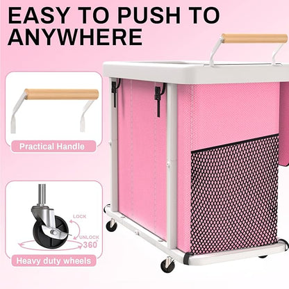 230L (60 Gal) Extra Large Fashion Laundry Sorter 3 Section with Lid, Rolling Laundry Basket Hamper with Handle, Laundry Organizer Storage Cart with Sturdy Metal Frame for Laundry Room,Hotel,Pink