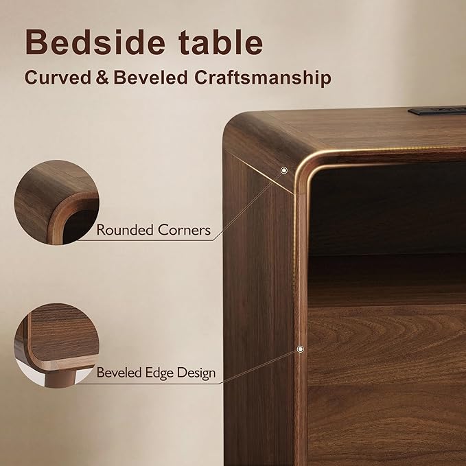 Nasonet Mid Century Modern Nightstand with Charging Station, Small Nightstand with Drawers, Curved Wood End Table Bedside Table for Bedroom, Walnut