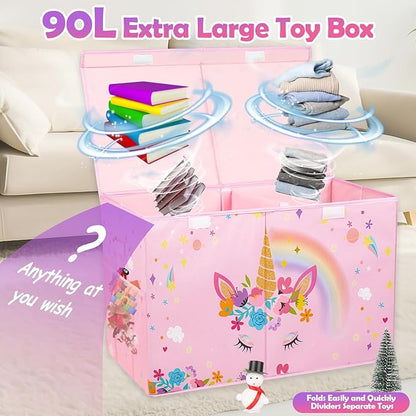 Large Toy Box, Collapsible Sturdy Kids Storage Organizer for Boys Girls, 25"x13"x16" Storage Box with Lids, Toy Chest Bins Basket for Living Room, Playroom, Nursery, Pink