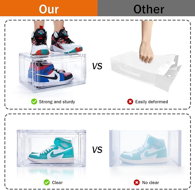 SAISTORY 6 Pack Shoe Boxes Clear Stackable, Large Shoe Storage Boxes, Space Saving Acrylic Shoe Boxes, Foldable Shoe Container Boxes that Fits Up to Size 14 Shoes (10 Pack Transparent)