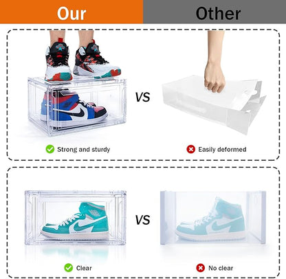 SAISTORY 6 Pack Shoe Boxes Clear Stackable, Large Shoe Storage Boxes, Space Saving Acrylic Shoe Boxes, Foldable Shoe Container Boxes that Fits Up to Size 14 Shoes (10 Pack Transparent)