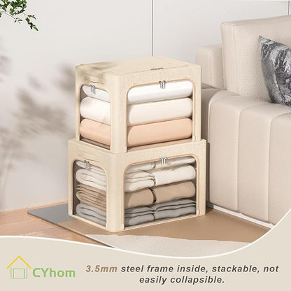 3Pack Stackable Foldable Storage Bin - Metal Frame Storage Box with Clear Window, Carry Handles (36L-15.7x11.8x11.8in, Beige)