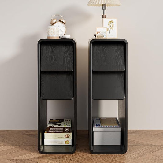 Black Nightstand Set of 2, Narrow Night Stand with Drawers, Small Bedside Table, Skinny Bed Side Table, Modern Wooden Nightstand for Bedroom, Wood, Slim, Black