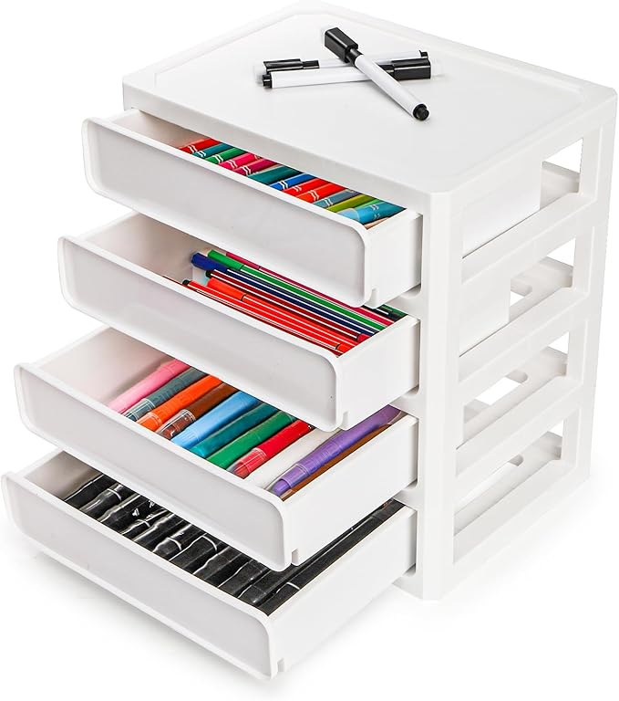 Desk Organizer with 4 Drawers, Plastic Desktop Storage Unit, Small Storage Bin Container for Countertop, Makeup, Stationery, Art Crafts, Home Office Bathroom, White