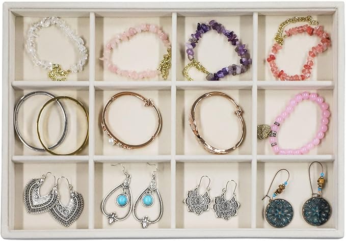 Stratalife Velvet Jewelry Organizer Stackable Earrings Organizer 12 Grid Bracelet Organizer Jewelry Drawer Organizer Jewelry Holder Display for Earring Necklace Women Girls Beige