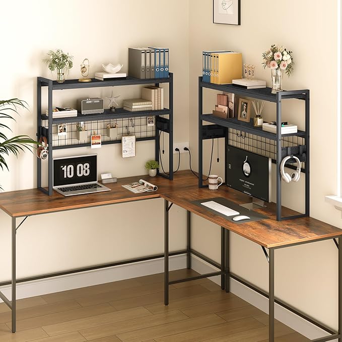 HOOBRO Desktop Bookcase, 2-Tier Desktop Organizer, 37.4" Wooden Office Storage Rack with Outlets, Display Shelf Rack with Light Strip, Desk Hutch for Office, Black BB13UDSJ01