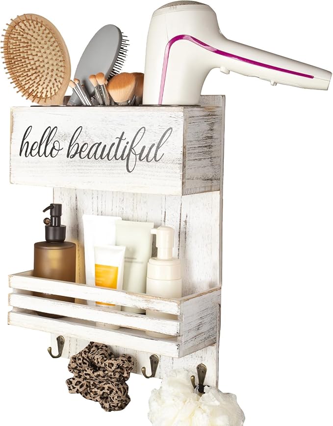 Cokritsm Wooden Hair Dryer Holder Wall-Mounted - 2 Tier Bathroom Storage Shelf Cosmetic & Hairdressing Tools Organizer for Bathroom Countertop/Vanity (White)