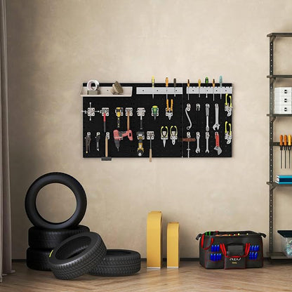 Pegboard Wall Organizer, 3 Pieces Metal Pegboard Panels with 25 Hooks, Storage Platform & Square Hole, Pegboard Kit for Utility Tools, Garage & Workshop(Black)