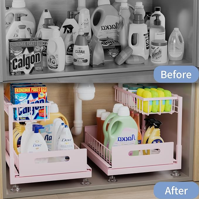 Under Sink Organizer Storage 2-Tier Premium Metal Pull-Out Racks, Height Adjustable, Heavy Dut and Easy Installation for Kitchen & Bathroom Organizers 1 Pack Pink