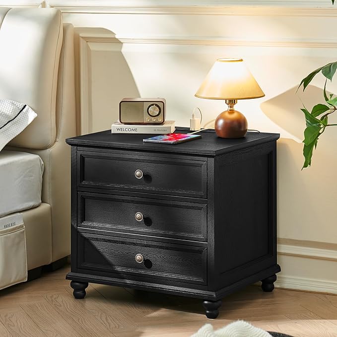 Joaxswe Farmhouse Nightstand Set of 2 with Charging Station, 24" Wide End Table with 3 Drawers,Dresser for Bedroom,Bed Side Table Chest of Drawers Cabinet,Wood Black Night Stand for Living Room