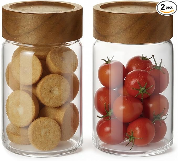 2pc Glass Mason Jars with Acacia Wood Airtight Lids - Overnight Oats & Food Storage Container Set, Clear Stackable Leakproof Kitchen Canisters for Meal Prep/Snack Organization/Spice Storage