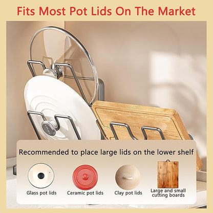 Kitchen Pot Lid Storage Rack, 304 Stainless Steel Pot Lid Holder While Cooking Spoon Holder & Removable Drip Tray, Pan Lid Organizer for Kitchen Countertop (Gray - Single Layer)