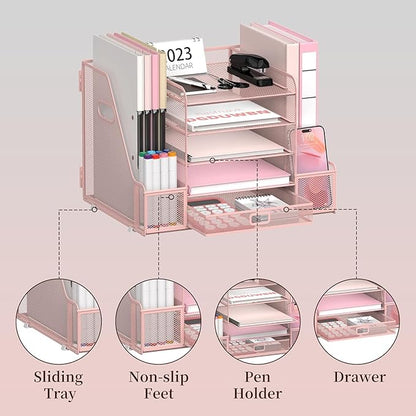 SUPEASY Mesh Desk Organizer with File Holder, 5-Tier Paper Letter Tray Organizer with Magazine Holder, Desktop Organizer and Storage with Drawer for Office Supplies Home or School (2Pack-Pink)