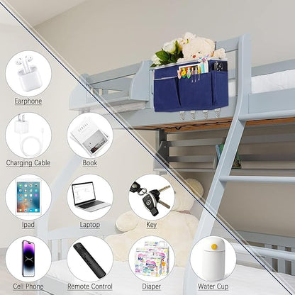 Frjjthchy Bedside Storage Organizer 5 Pockets with 4 Hooks Hanging Storage Bag for Headboards/Bunk Bed (2Pack Dark Blue)