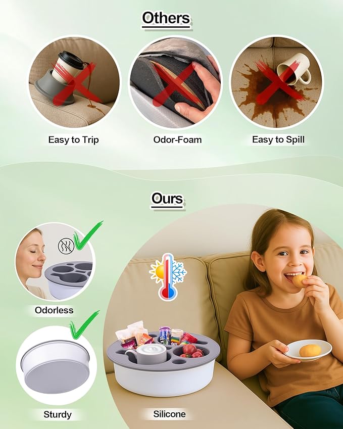 Couch Cup Holder Tray Round, Bonfixe 4-Cups Bedside Drink Holder for Elderly/Pregnancy, Stable Non-Spill Silicone Couch Caddy for Remote Control, Glasses‌, Snacks, Phones‌ (White-Black)