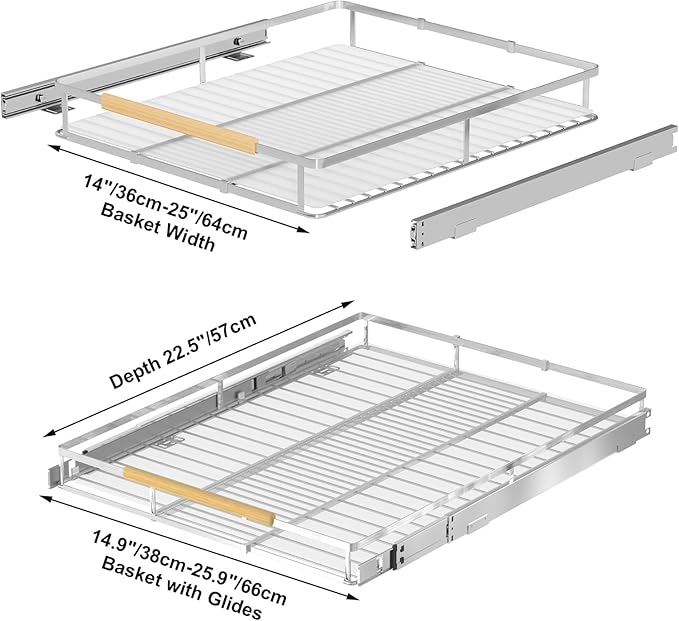 Pull Out Cabinet Organizer,Adjustable Width W:14.9”-25.9” x D:22.5”,Expandable Slide Out Wire Storage Drawer,Heavy Duty Stainless Steel Gliding Cupboard Shelf for Pots and Pans Storage,Chrome Plated