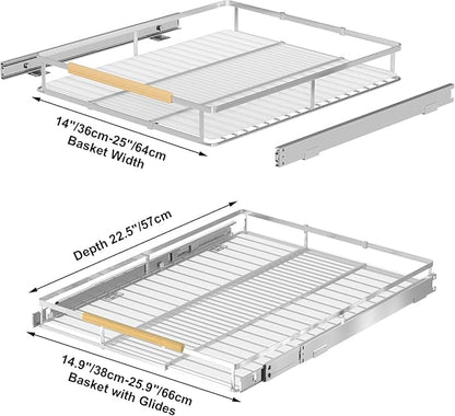 Pull Out Cabinet Organizer,Adjustable Width W:14.9”-25.9” x D:22.5”,Expandable Slide Out Wire Storage Drawer,Heavy Duty Stainless Steel Gliding Cupboard Shelf for Pots and Pans Storage,Chrome Plated