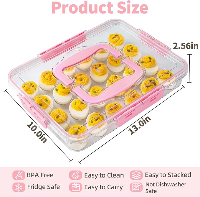 2 Pack Deviled Egg Containers with Lid and Handle, Durable Clear Plastic Deviled Egg Carrier Storage 48 Eggs, Stackable Egg Holder for Fridge, Portable Tray Platter for Party & Picnics-Pink