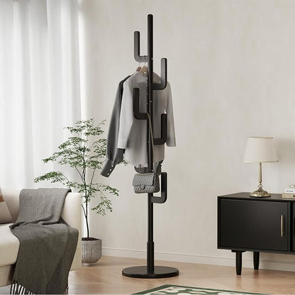 Solid Wood Cactus Coat Rack, Freestanding Coat Rack With 6 L-Shaped Hooks and 3 Adjustable Sizes, Coat Tree for Bedroom, Entryway, Livingroom, Coat Hanger Stand for Coats, Handbags (Black)