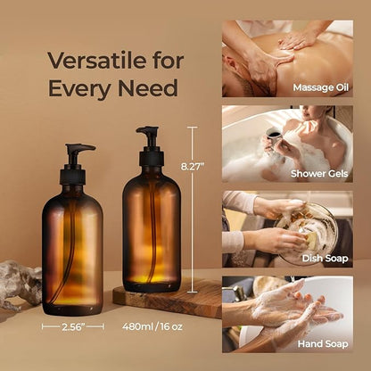 SOUL ONE 16oz Amber Glass Hand Soap Dispenser, 2 Pack - Thick Pump Bottles for Bathroom, Kitchen, Countertop - Refillable Brown Bottles for Shampoo, Conditioner, Lotion, Oil, Liquid, Set of 2