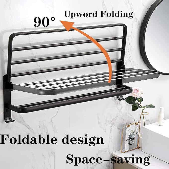 Towel Rack for Bathroom, Bath Towel Holder with Double Towel Bar and Foldable Towel Shelf, Rustproof Towel Organizer Wall Mounted Towel Storage Hanger for Bath/Balcony/Lavatory(16In Black)