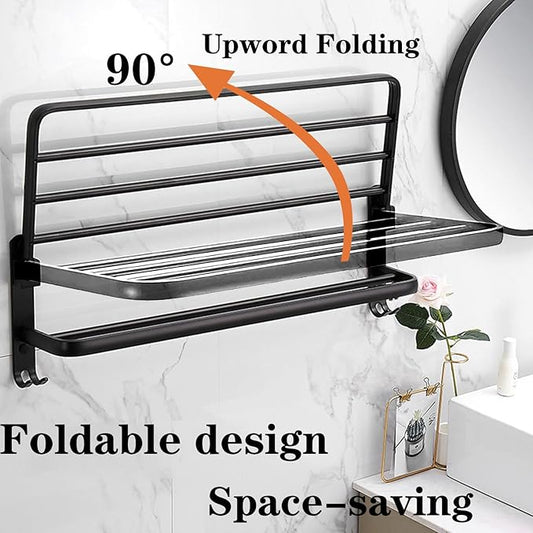 Towel Rack for Bathroom, Bath Towel Holder with Double Towel Bar and Foldable Towel Shelf, Rustproof Towel Organizer Wall Mounted Towel Storage Hanger for Bath/Balcony/Lavatory(16In Black)