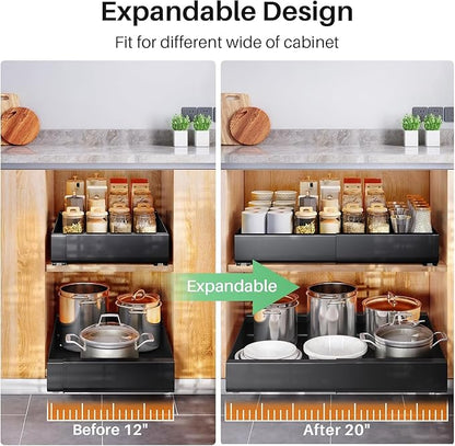2 Pack Pull out Cabinet Organizer, Expandable(12"-20") Heavy Duty Slide out Drawer Fixed with Adhesive Nano Film for Pots, Roll out Shelf Storage for Kitchen Organization, Pantry, Bathroom(Black)